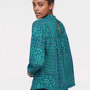 LOFT Floral Patchwork Mockneck Blouse with back button detail